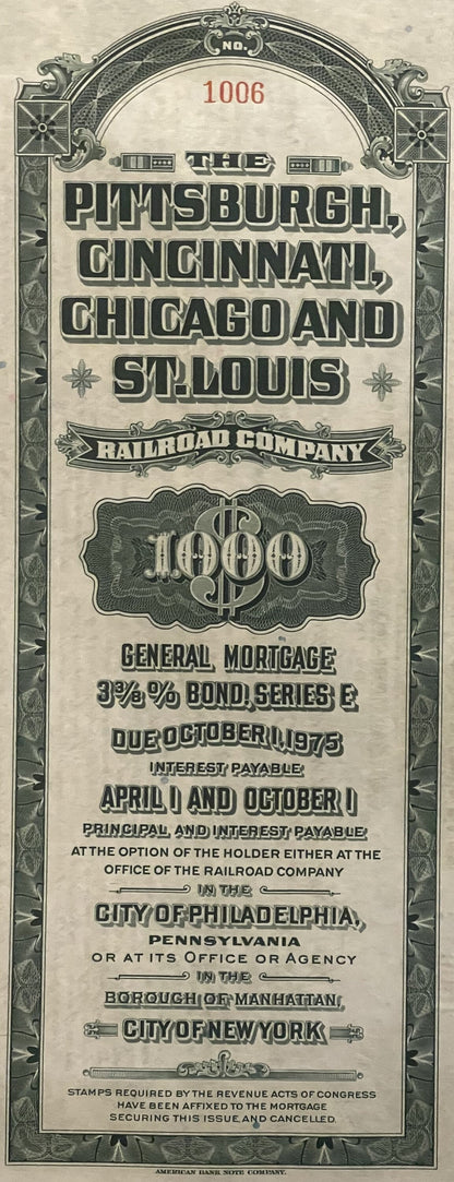 Vintage railroad bond certificate for Pittsburgh, Cincinnati, Chicago and St. Louis Railroad Company, $1,000 General Mortgage