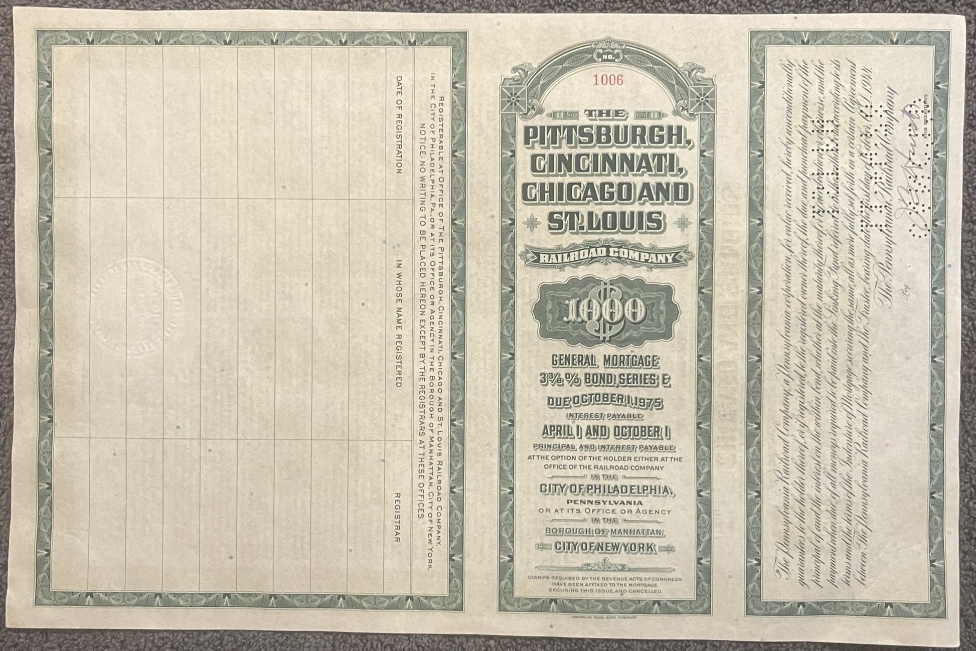 Three-panel vintage railroad bond certificate from Pittsburgh, Cincinnati, Chicago & St. Louis Railway showing $1,000 General