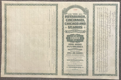Three-panel vintage railroad bond certificate from Pittsburgh, Cincinnati, Chicago & St. Louis Railway showing $1,000 General