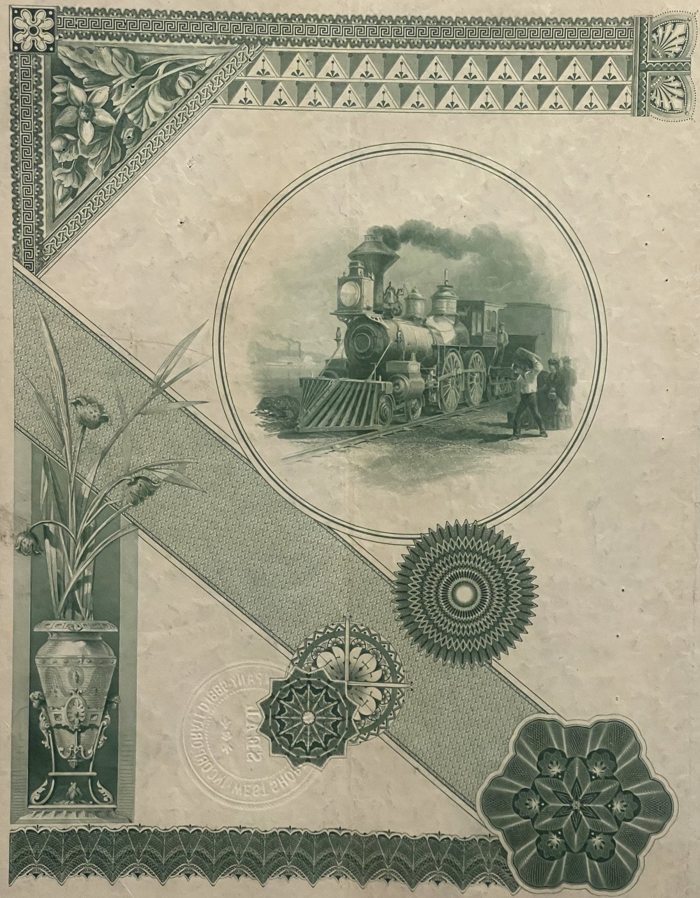Antique railroad bond certificate with steam locomotive illustration in circular frame, ornamental borders, and decorative ro