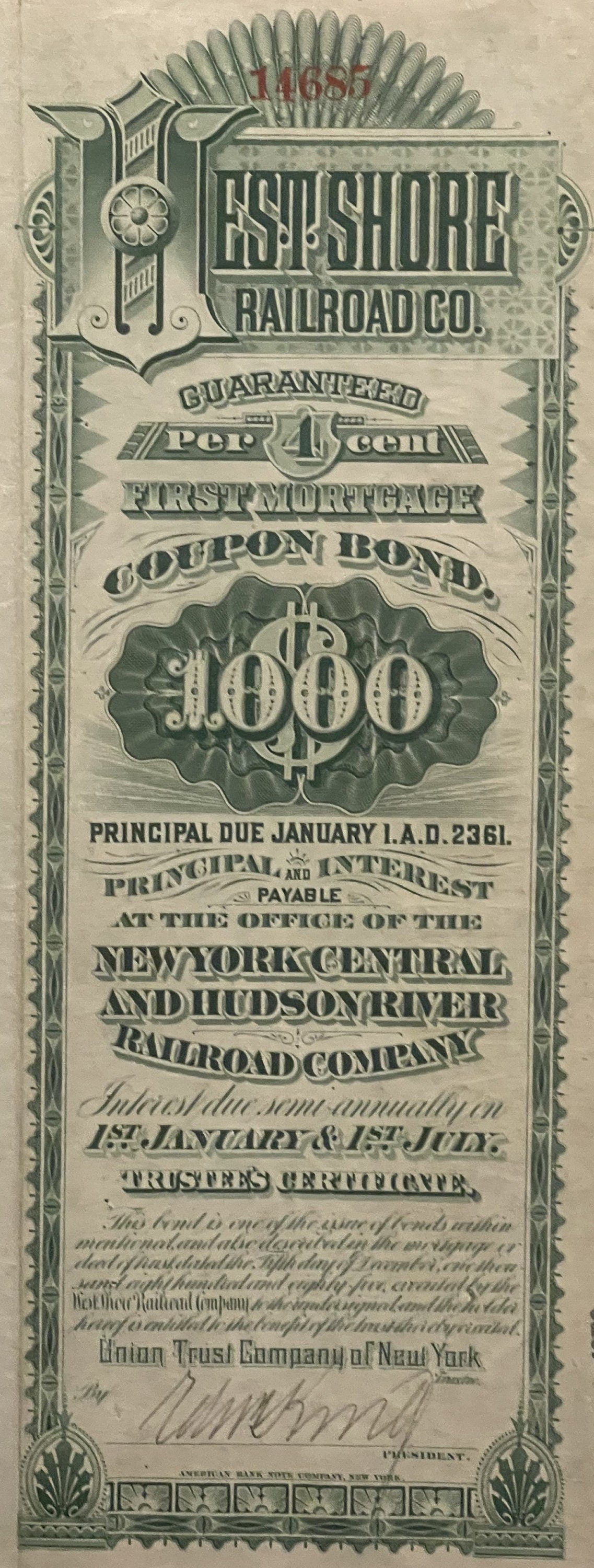 Vintage green-printed railroad bond certificate for East Shore Railroad Co. with decorative scrollwork, $1000 denomination, a