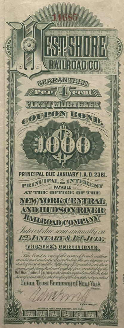 Vintage green-printed railroad bond certificate for East Shore Railroad Co. with decorative scrollwork, $1000 denomination, a