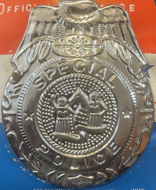 Vintage Special Police 🚔 Toy Badge Mid-Century Japan Embossed Silver-Tone Shield on Original Card