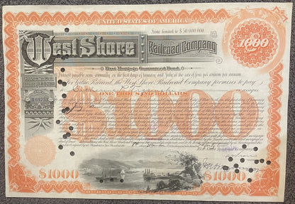 Ornate 1942 West Shore Railroad bond certificate with orange decorative border, "$1000" denominations, and steam ship engravi