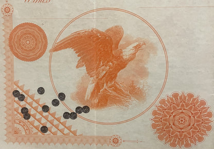 Antique railroad bond certificate featuring an eagle in ornate circular frame, decorative rosettes, and geometric border desi