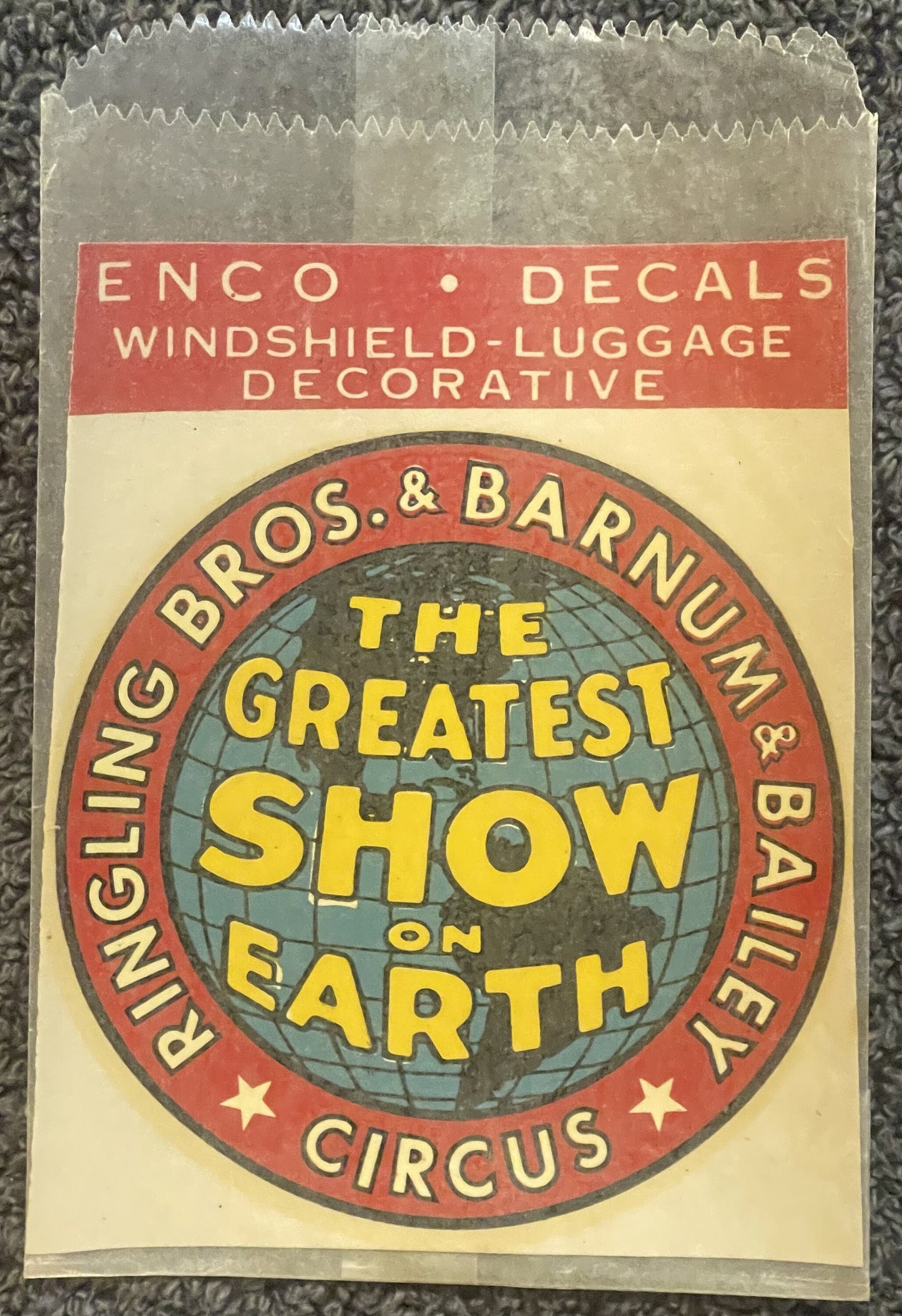 Enco Ringling Bros Barnum & Bailey Circus Waterslide Decal 🎪 Greatest Show on Earth, NOS 1950s Windshield-Luggage Transfer