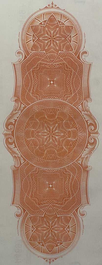 Ornate copper-colored engraved decorative panel with symmetrical floral and geometric patterns, featuring five medallions arr