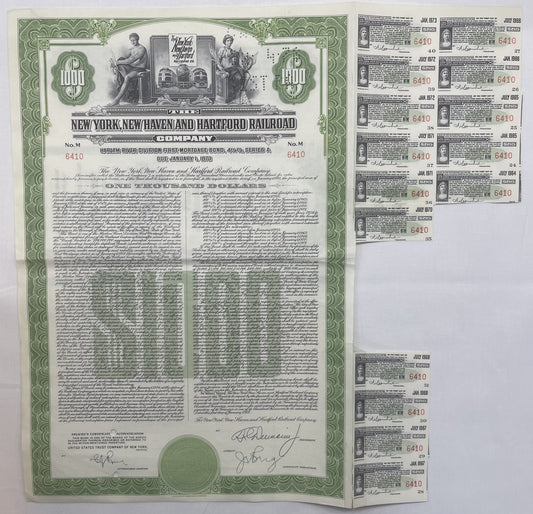 Vintage 1953 New York New Haven and Hartford Railroad 1000 Dollar Gold Bond Harlem River Division with Coupons 📜