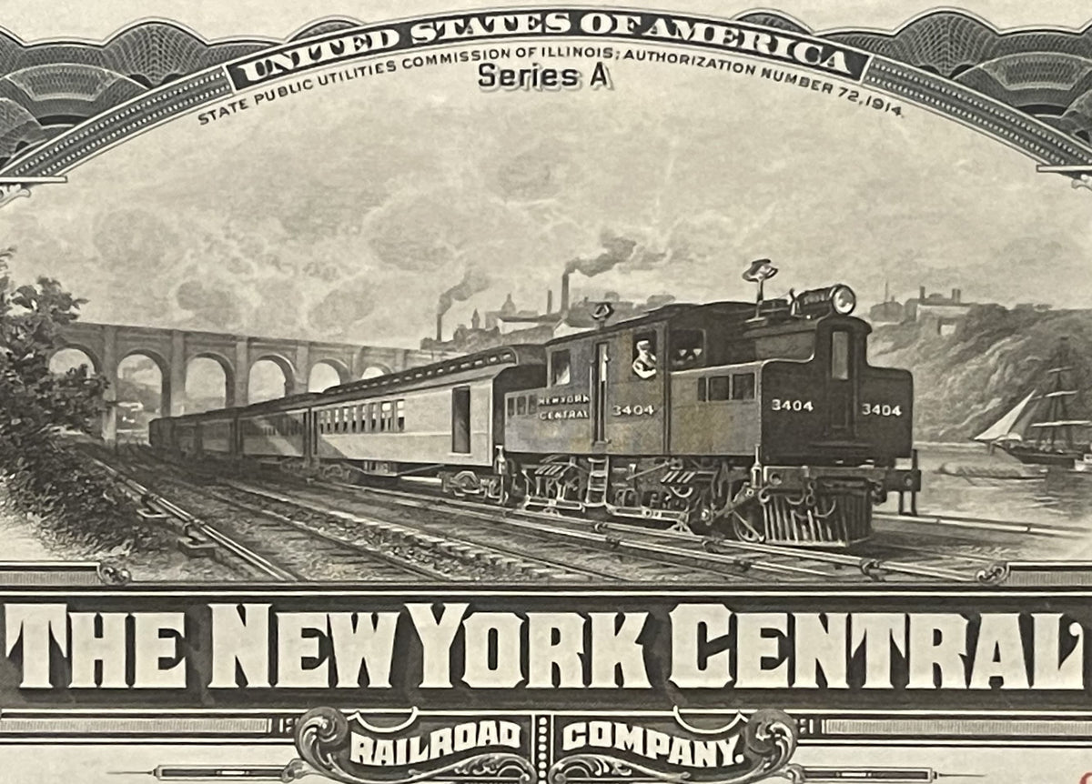 Black and white engraving of New York Central Railroad locomotive #3404 with passenger cars crossing a stone viaduct, dated 1