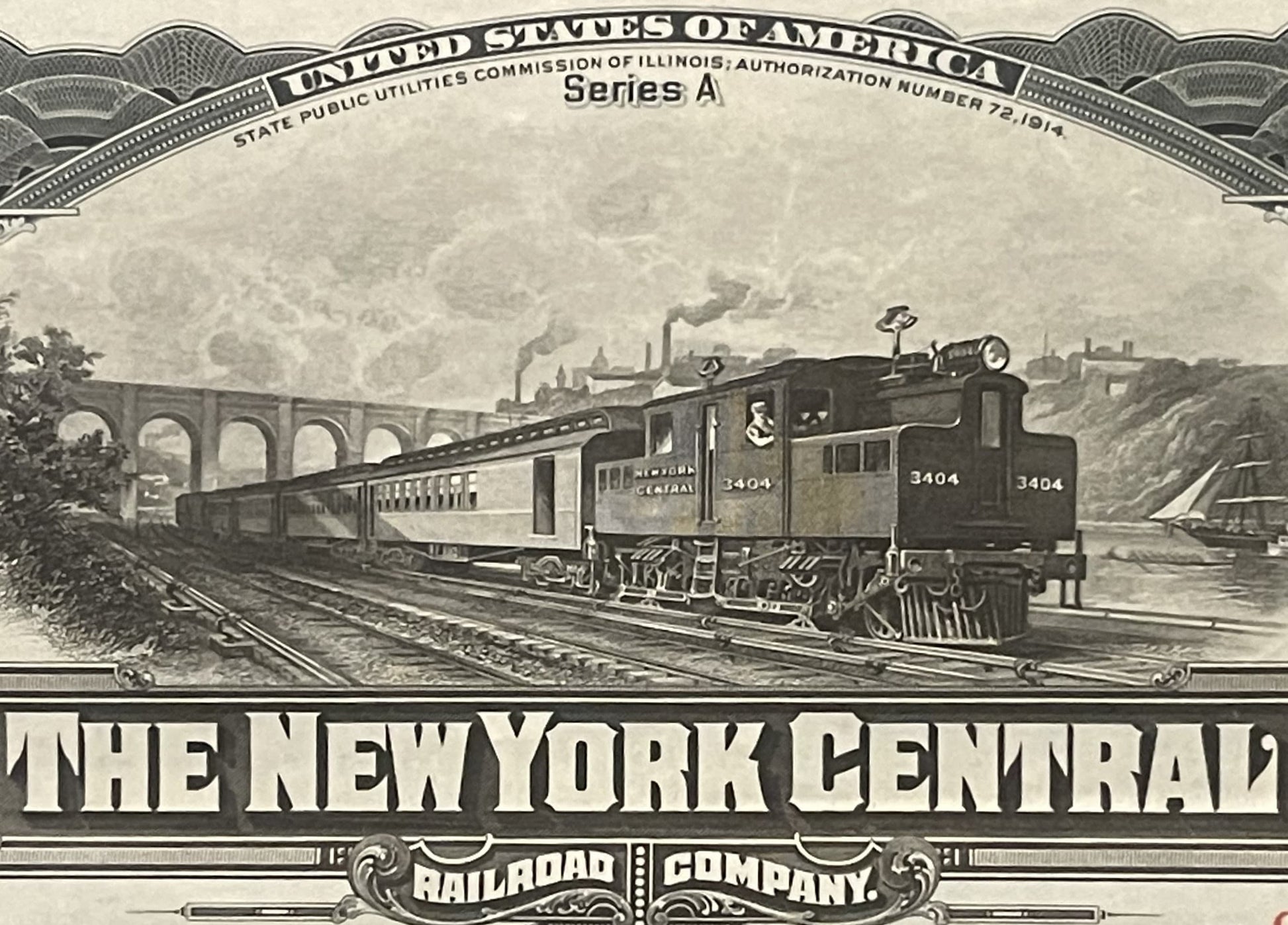 Black and white engraving of New York Central Railroad locomotive #3404 with passenger cars crossing a stone viaduct, dated 1