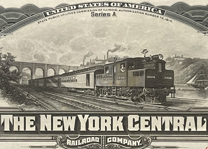 Black and white engraving of New York Central Railroad locomotive #3404 with passenger cars crossing a stone viaduct, dated 1