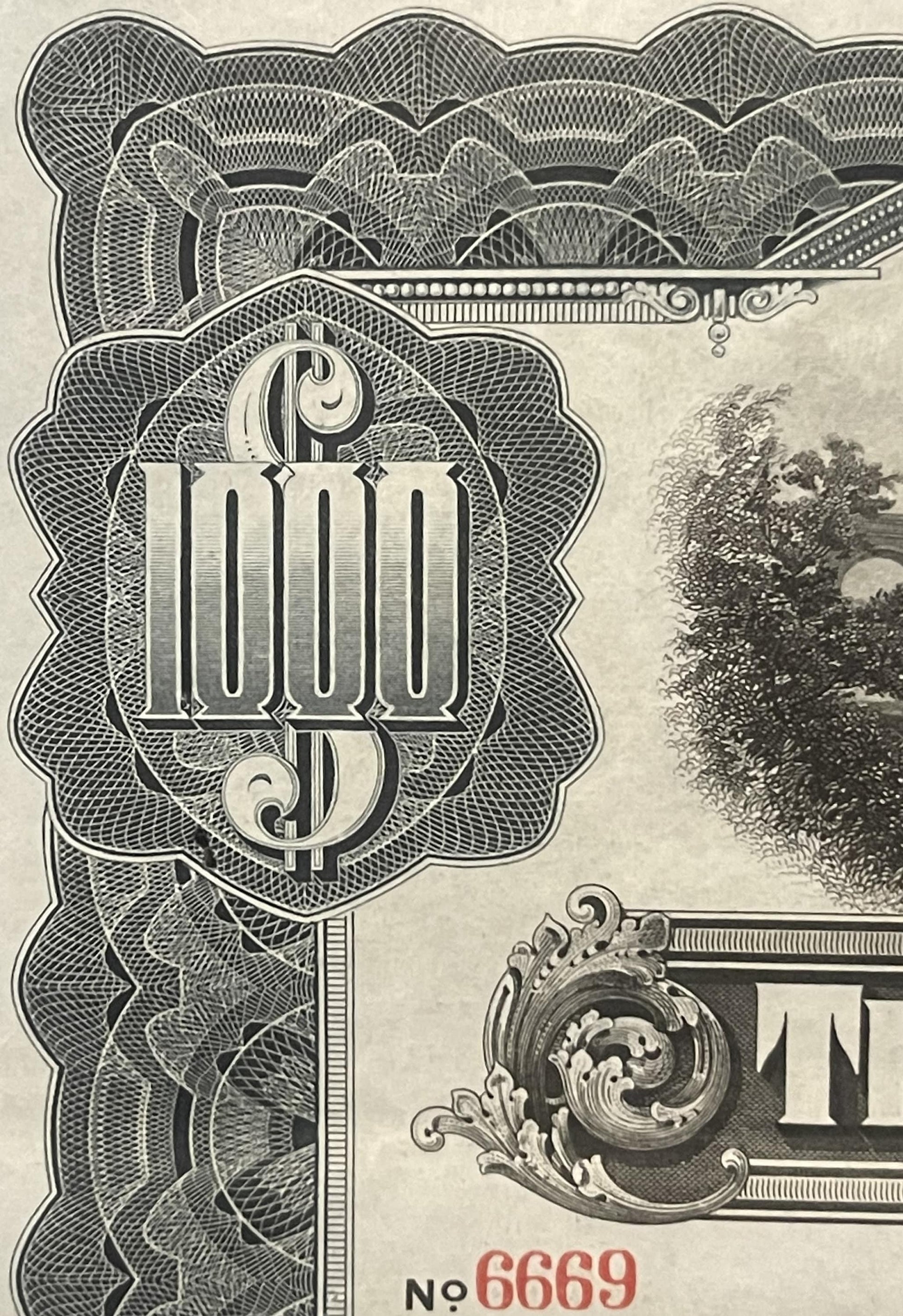 Close-up of ornate 1913 railroad bond certificate showing "$1000" in decorative serif font, intricate cross-hatched border de