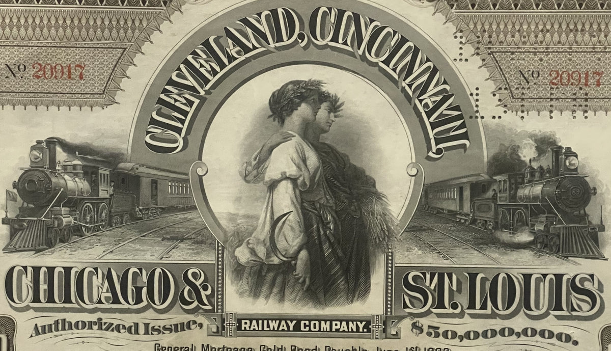 Antique 1893 Chicago & St. Louis Railway $50,000,000 gold bond certificate with steam locomotives and classical figure in cen