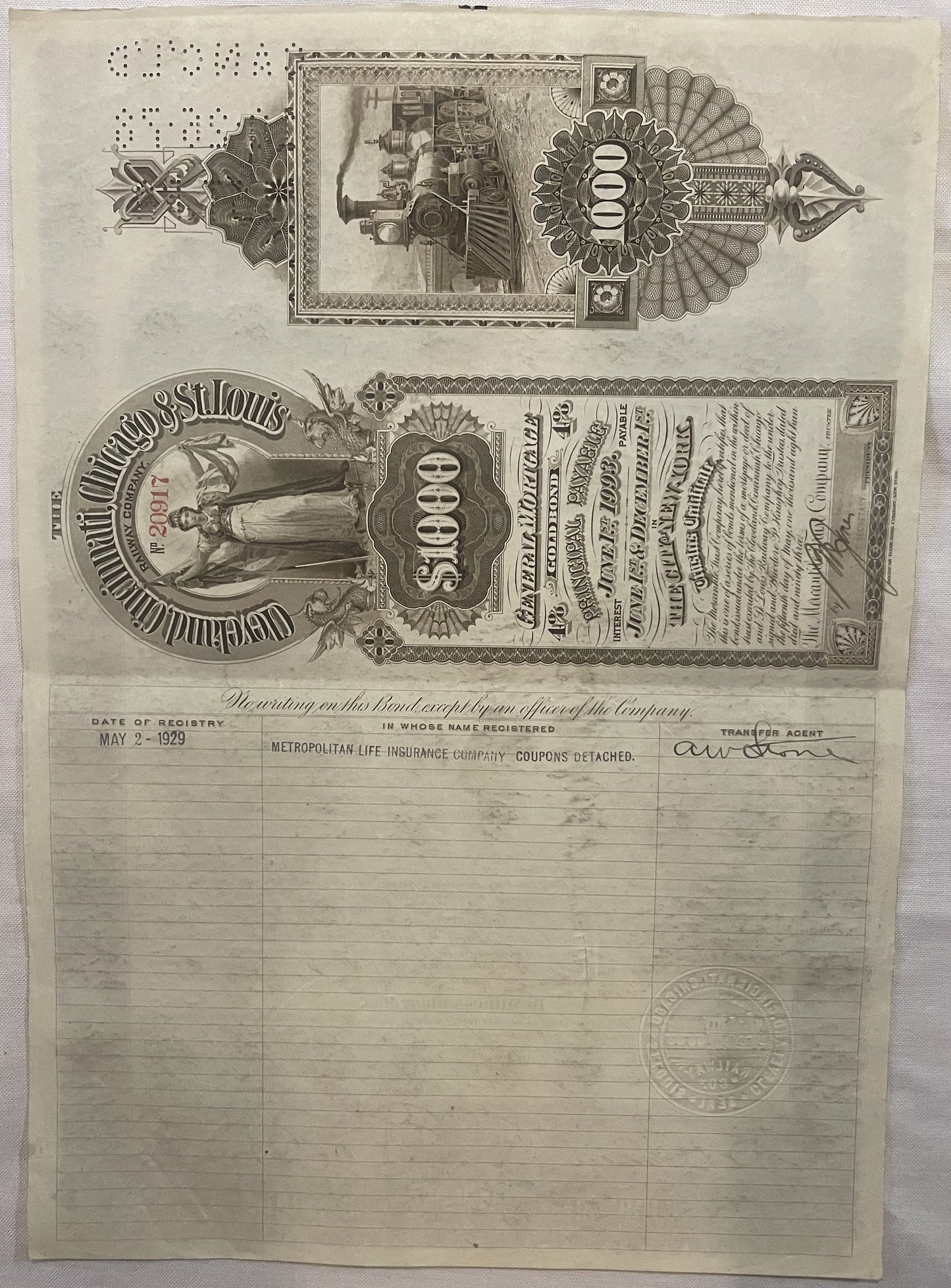 Vintage bond certificate pages showing ornate $1,000 denomination with decorative borders, portraits, and "Metropolitan Life 