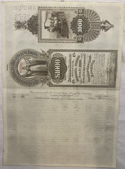 Vintage bond certificate pages showing ornate $1,000 denomination with decorative borders, portraits, and "Metropolitan Life 
