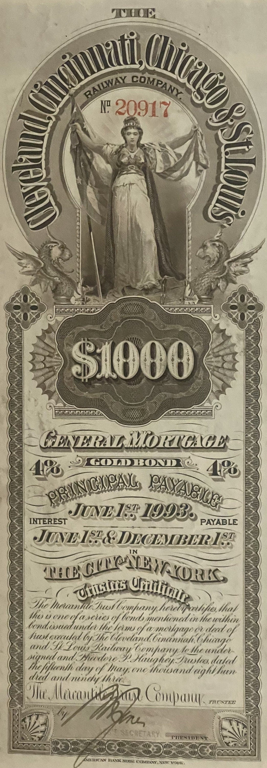 Antique 1893 Cincinnati Chicago & St. Louis Railway $1,000 gold bond with allegorical female figure and