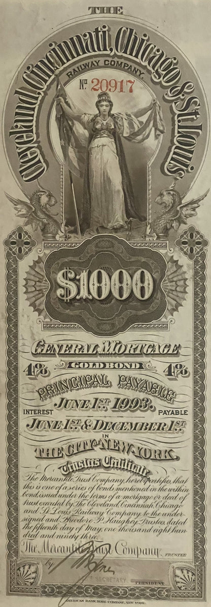 Antique 1893 Cincinnati Chicago & St. Louis Railway $1,000 gold bond with allegorical female figure and