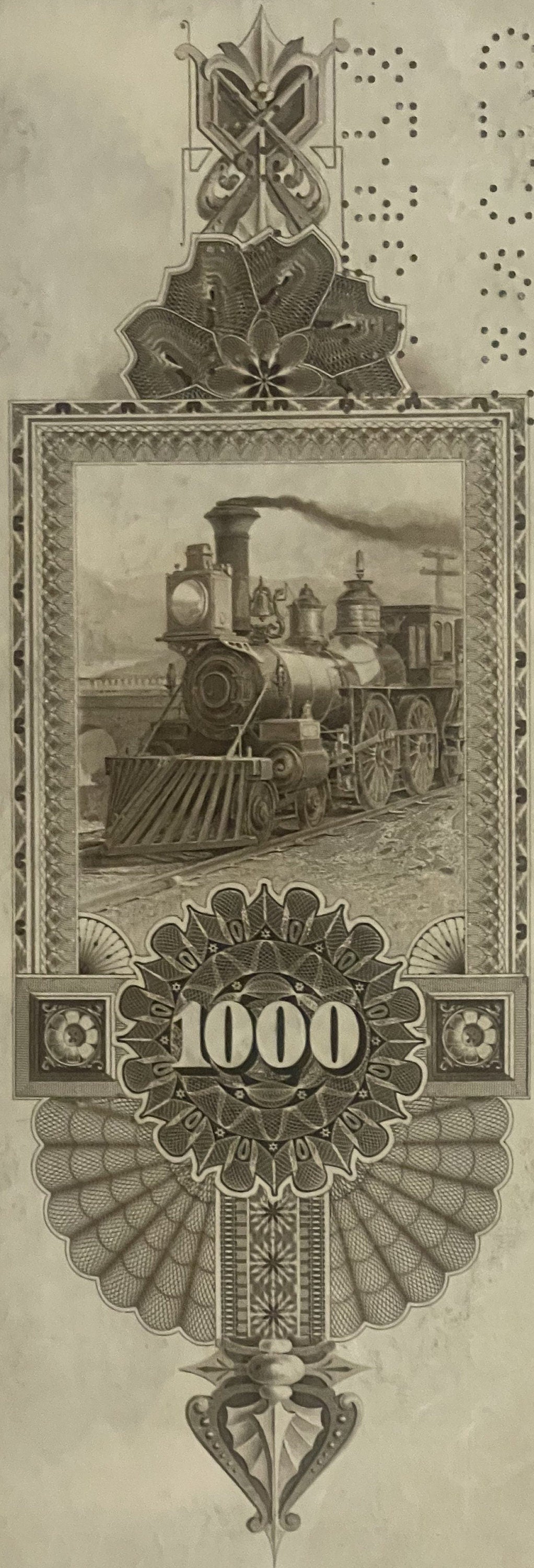 Antique railroad bond certificate featuring steam locomotive illustration, ornate borders, and "1000" denomination in central