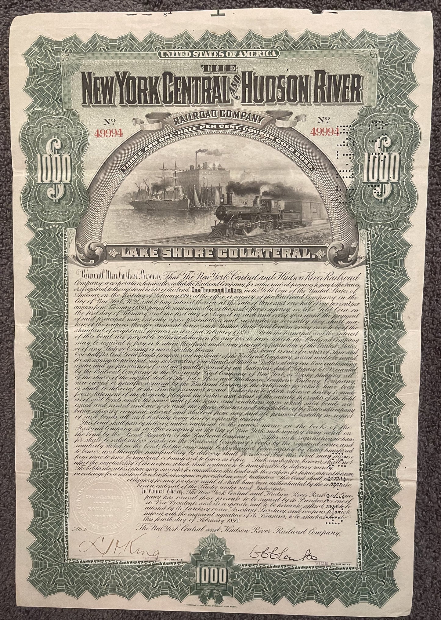 1898 New York Central & Hudson River Railroad $1000 gold bond certificate with steam locomotive and sailing ships engraving, 