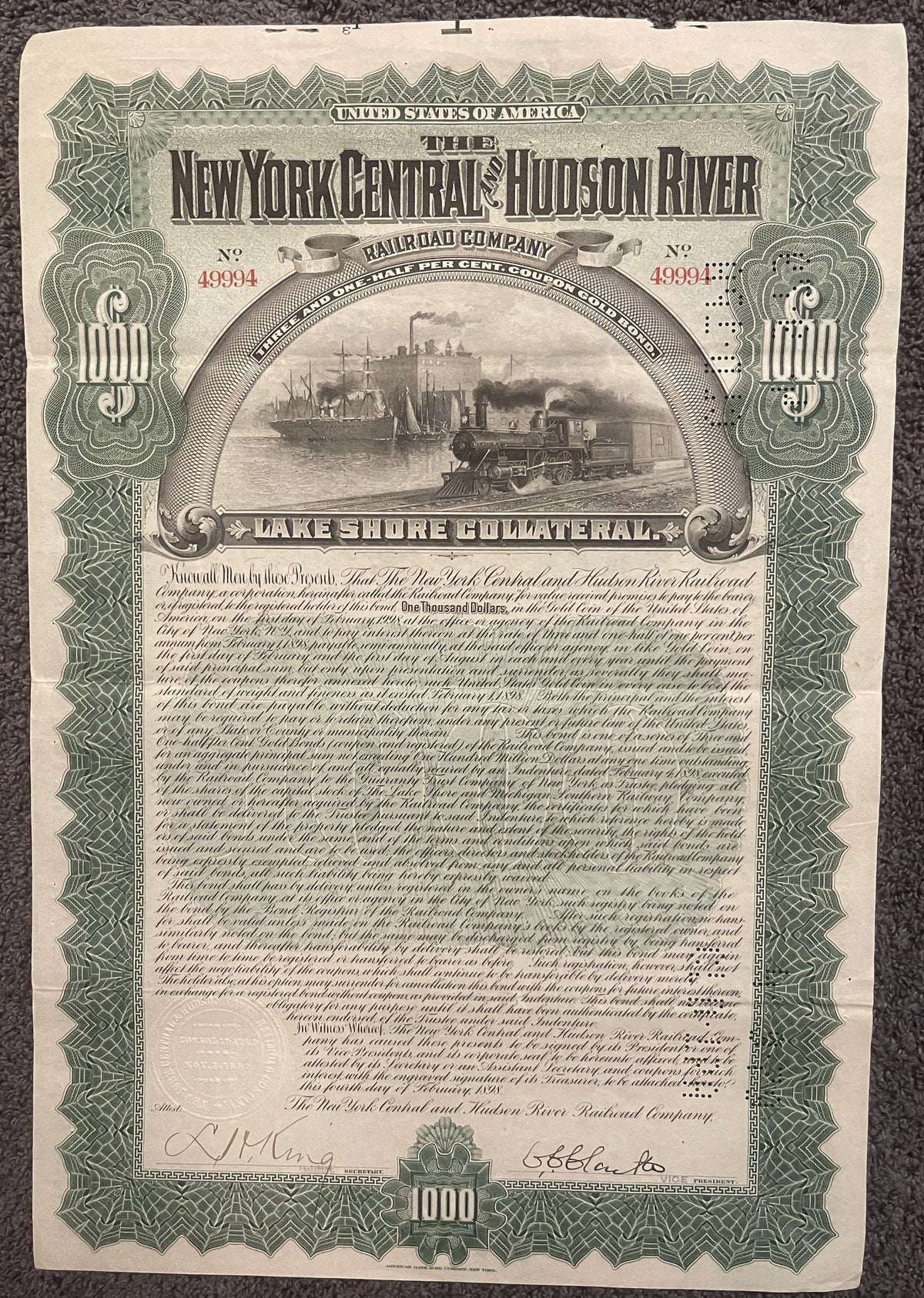 1898 New York Central & Hudson River Railroad $1000 gold bond certificate with steam locomotive and sailing ships engraving, 