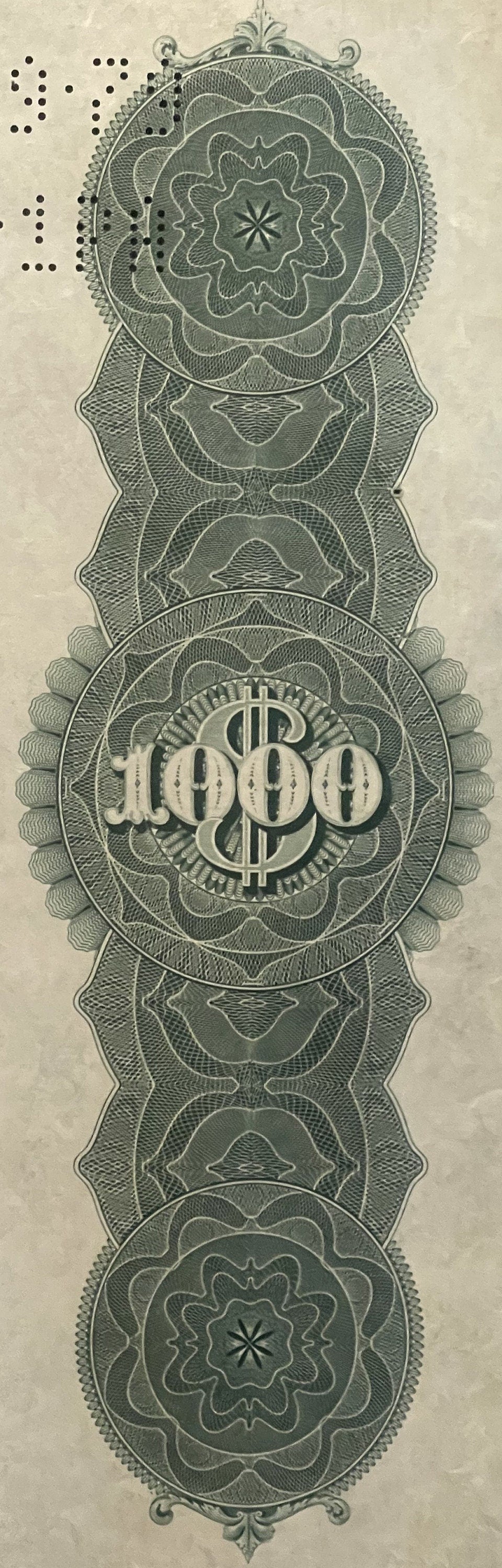 Ornate engraved bond certificate detail showing dollar sign symbol and "1898" numerals surrounded by decorative floral medall