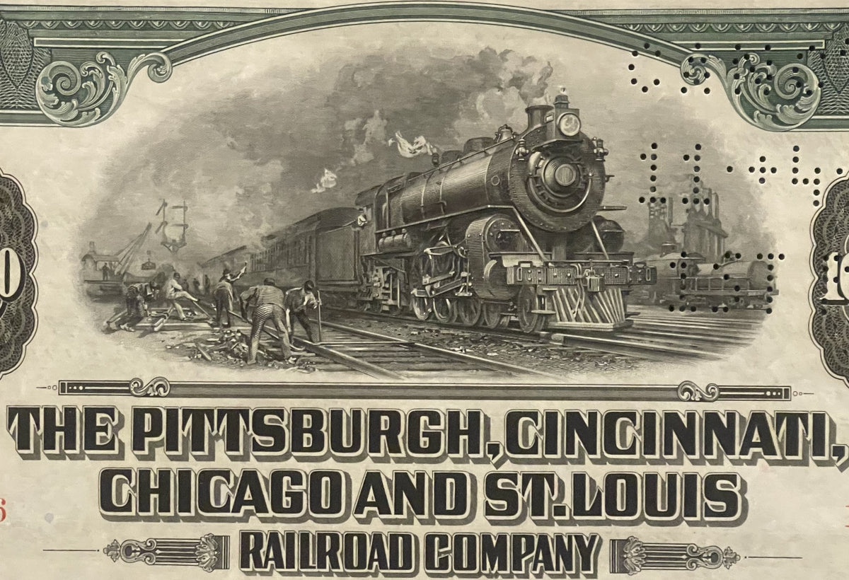 Vintage 1944 railroad bond certificate featuring steam locomotive engraving, ornate borders, and text reading "The Pittsburgh