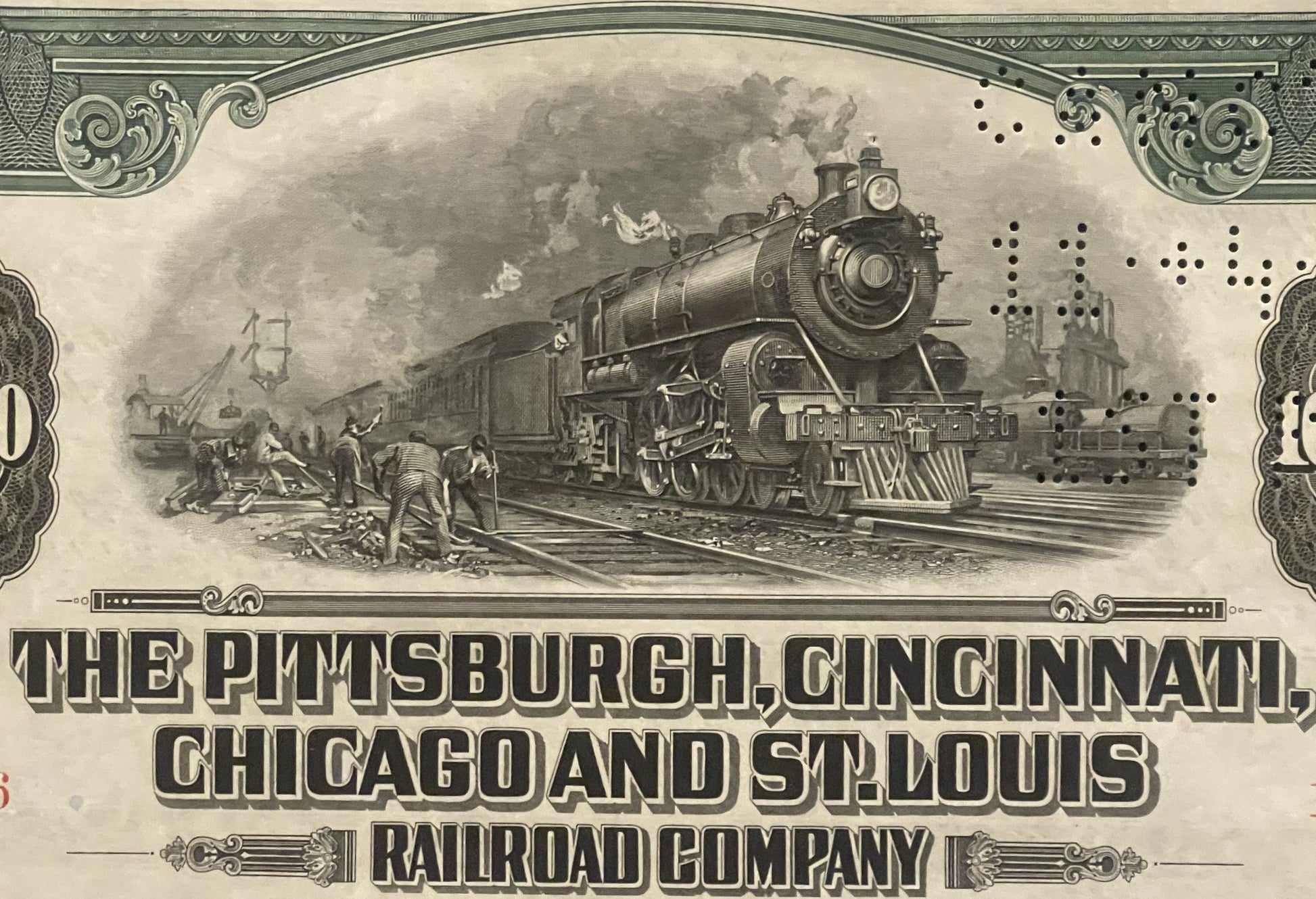 Vintage 1944 railroad bond certificate featuring steam locomotive engraving, ornate borders, and text reading "The Pittsburgh