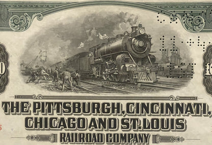 Vintage 1944 railroad bond certificate featuring steam locomotive engraving, ornate borders, and text reading "The Pittsburgh