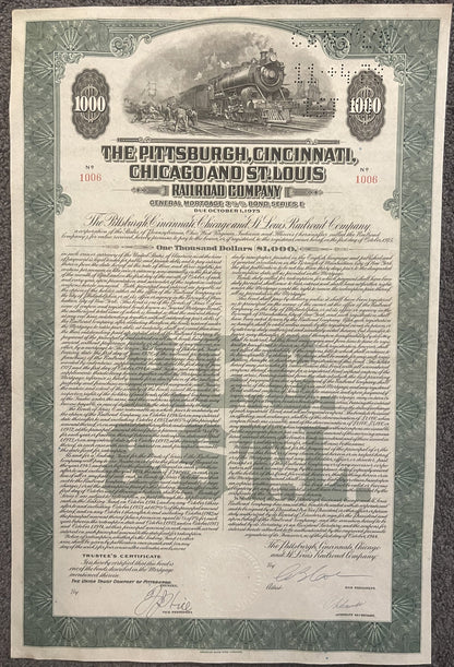 Vintage railroad bond certificate for Pittsburgh, Cincinnati, Chicago & St. Louis Railroad showing steam locomotive, ornate g
