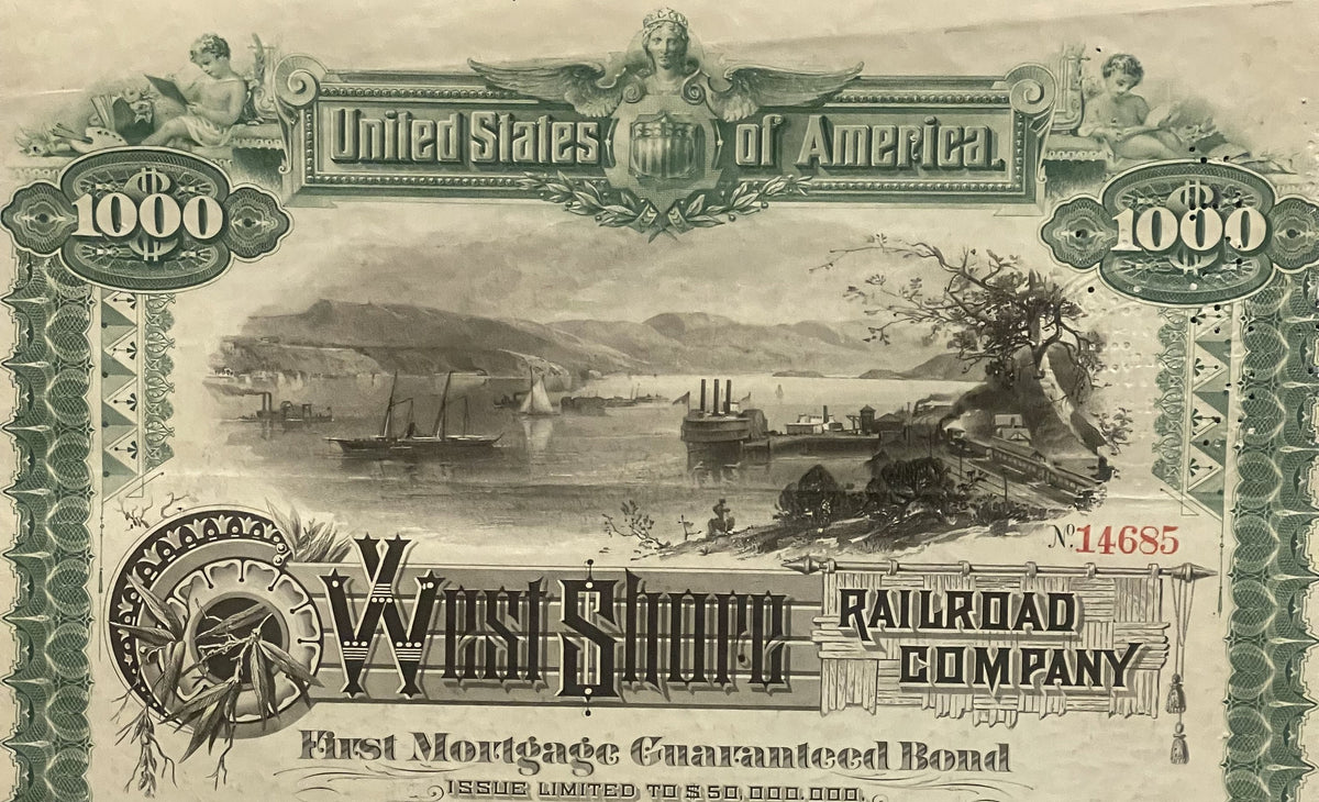 Antique bond certificate with ornate green borders, "1000" denominations, steamship scene, and "West Shore Railroad Company" 