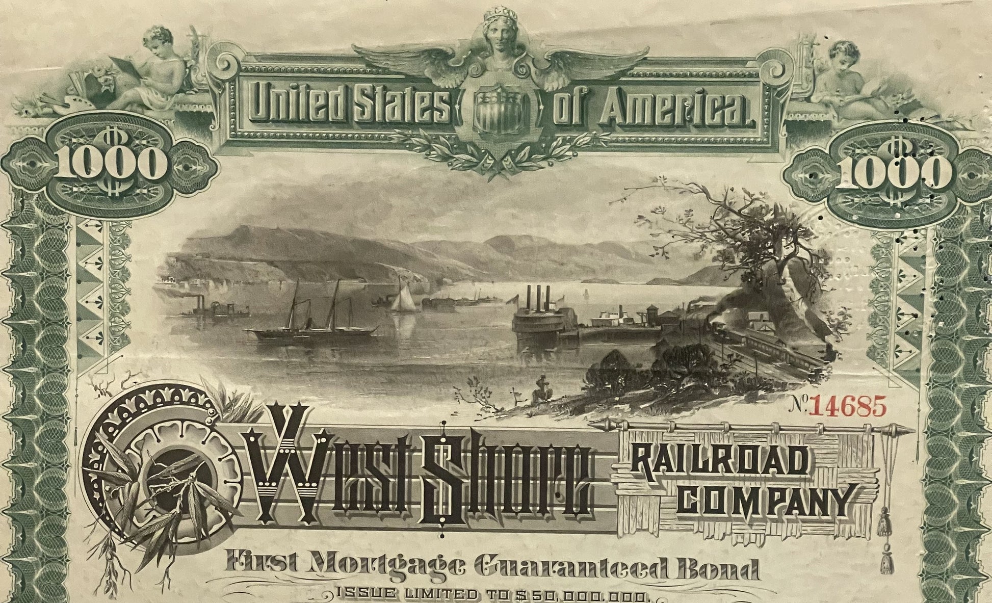Antique bond certificate with ornate green borders, "1000" denominations, steamship scene, and "West Shore Railroad Company" 