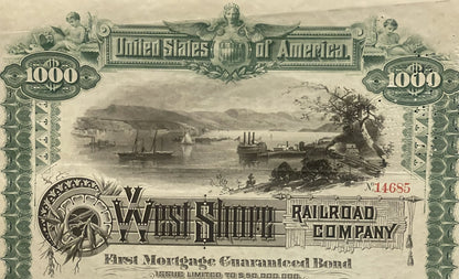Antique bond certificate with ornate green borders, "1000" denominations, steamship scene, and "West Shore Railroad Company" 