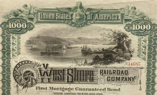 Antique 1885 West Shore Railroad $1,000 Gold Bond 🛤️ Certificate with Coupons, Vanderbilt Railway History
