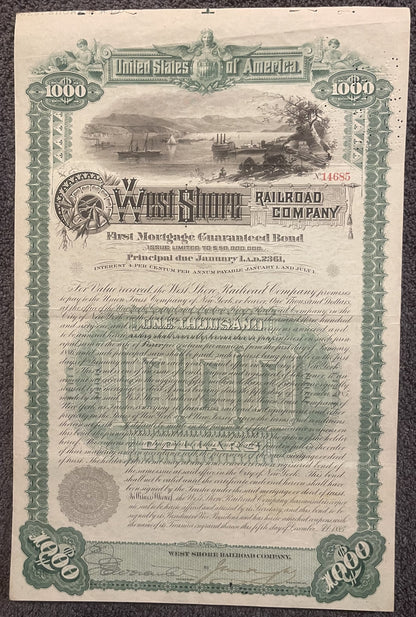 Ornate 1885 West Shore Railroad $1,000 gold bond certificate with green decorative borders, steamship vignette, and attached 
