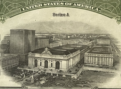 Black and white engraving showing Grand Central Terminal with surrounding Manhattan buildings and cityscape, labeled "Series 