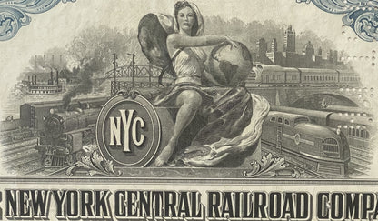 Engraved bond certificate featuring winged female figure with NYC initials, steamboat and locomotive imagery, ornate