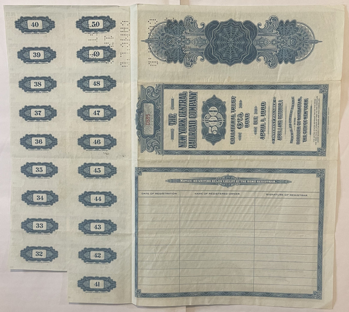 Two pages of a vintage railroad bond certificate showing numbered coupons on left and ornate blue decorative header
