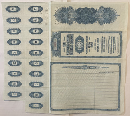 Two pages of a vintage railroad bond certificate showing numbered coupons on left and ornate blue decorative header
