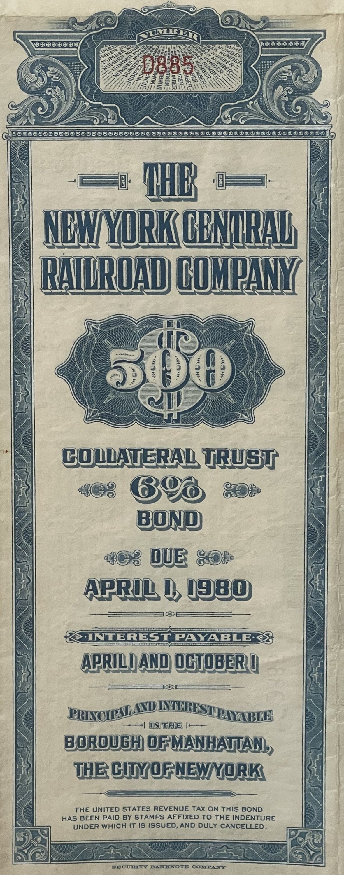 Full face of blue-printed New York Central Railroad $500 bond certificate dated April 1, 1980, with ornate borders and 6%