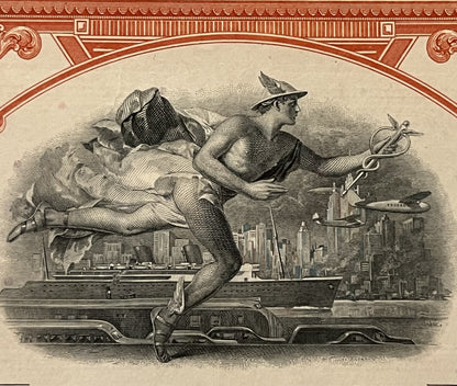 Engraved vignette of winged Mercury figure holding caduceus staff, flying over steamship and cityscape with ornate border fra