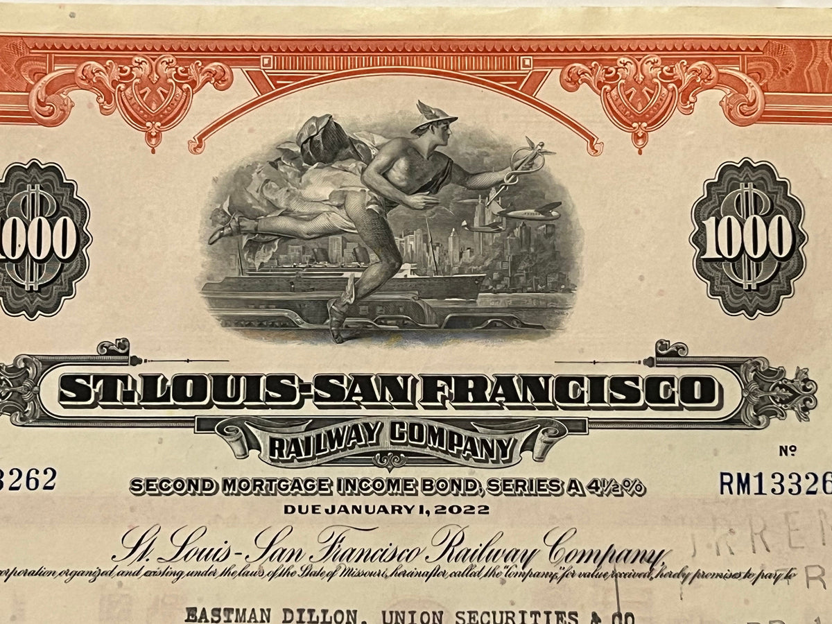 Vintage $1,000 railroad bond certificate with ornate red border, central allegorical engraving, and "St. Louis-San Francisco 
