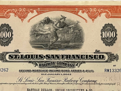 Vintage $1,000 railroad bond certificate with ornate red border, central allegorical engraving, and "St. Louis-San Francisco 