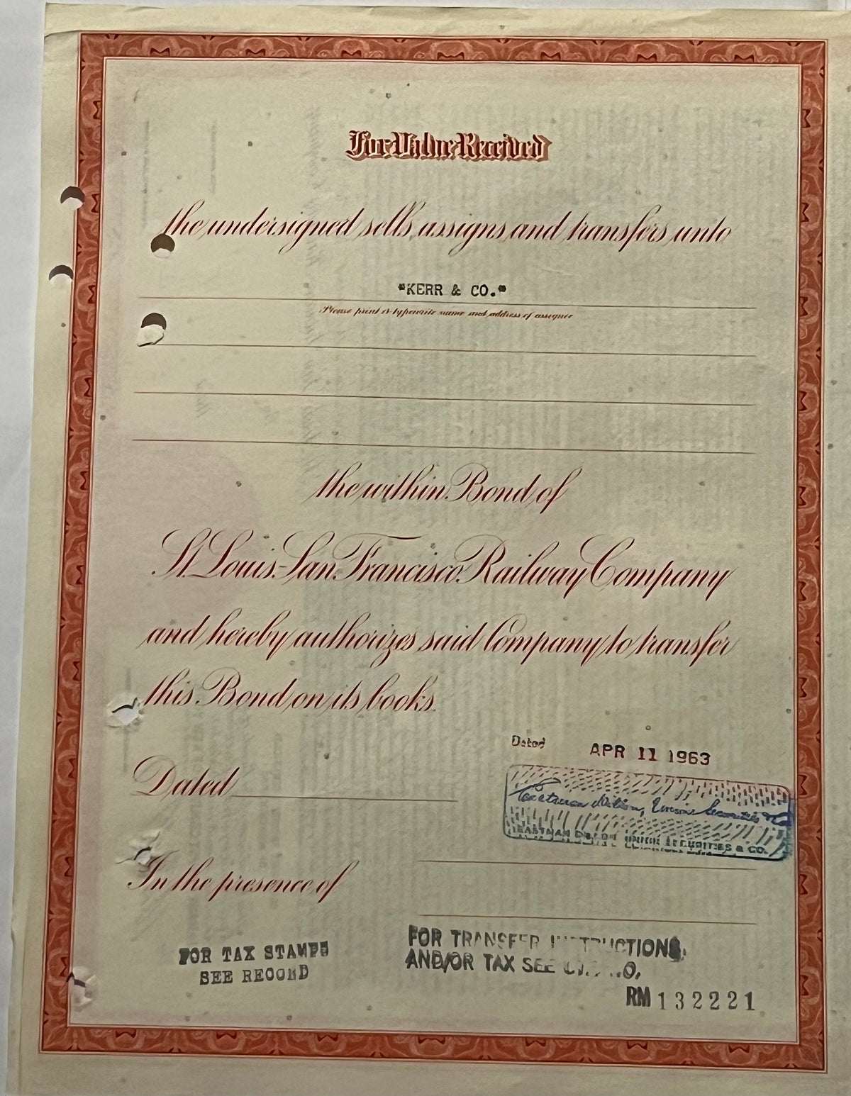 Vintage 1963 Frisco Railroad $1,000 gold bond certificate with red decorative border and handwritten signatures, dated APR 11
