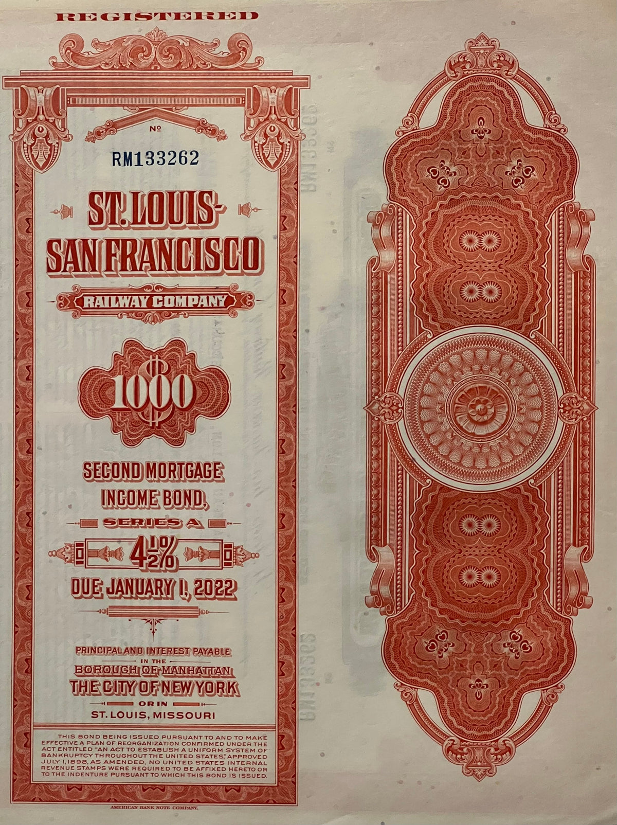 Vintage red and cream St. Louis-San Francisco Railway Company $1,000 second mortgage bond, Series A, 4½%, numbered RM133262, 