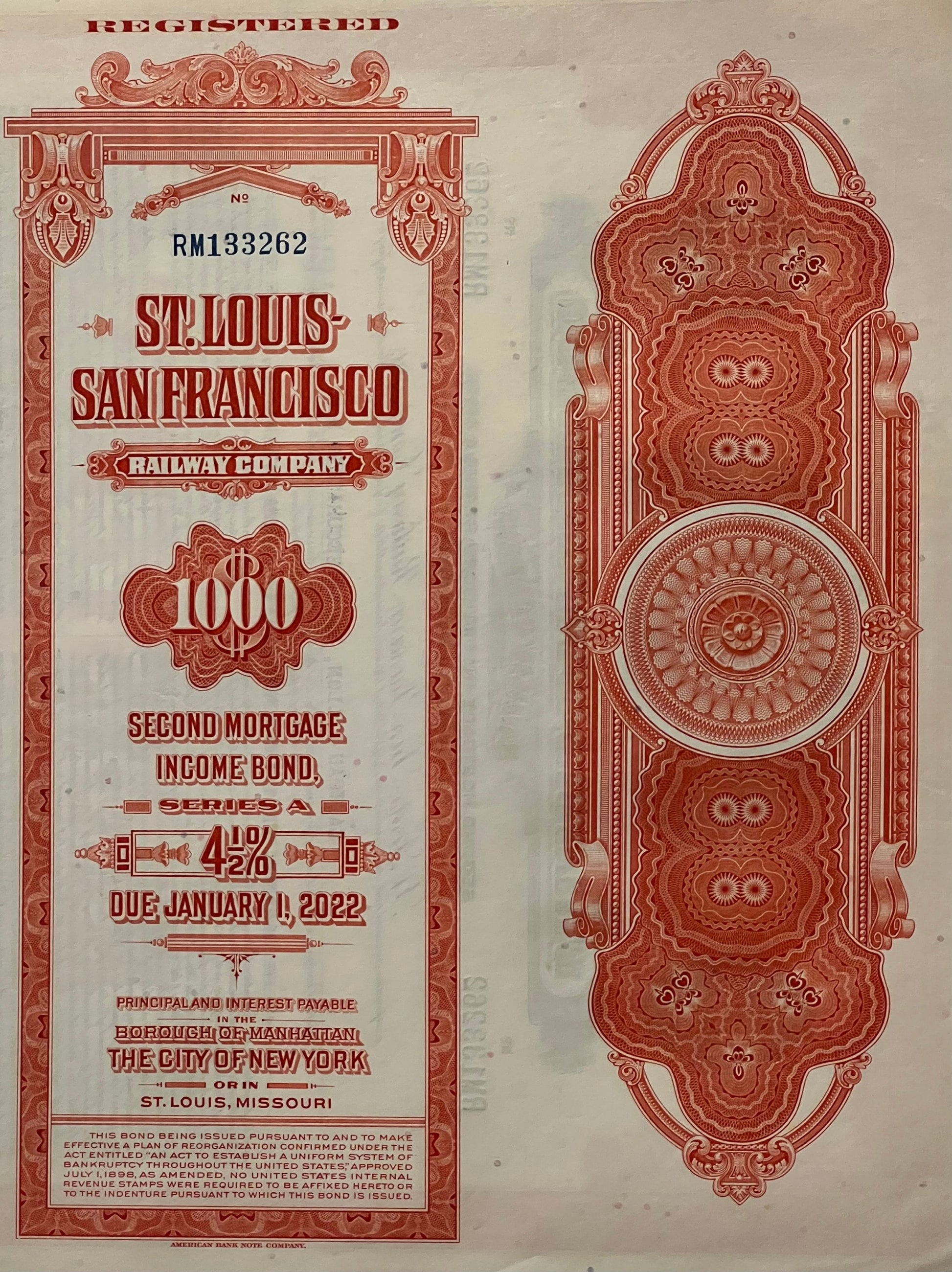 Vintage red and cream St. Louis-San Francisco Railway Company $1,000 second mortgage bond, Series A, 4½%, numbered RM133262, 
