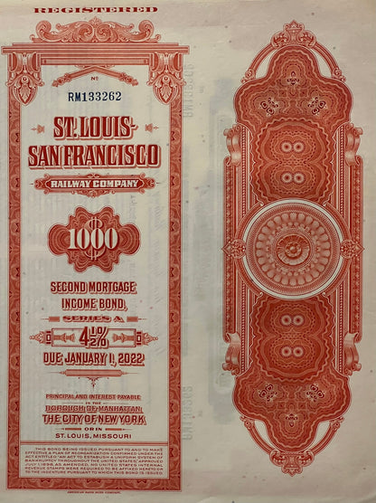 Vintage red and cream St. Louis-San Francisco Railway Company $1,000 second mortgage bond, Series A, 4½%, numbered RM133262, 