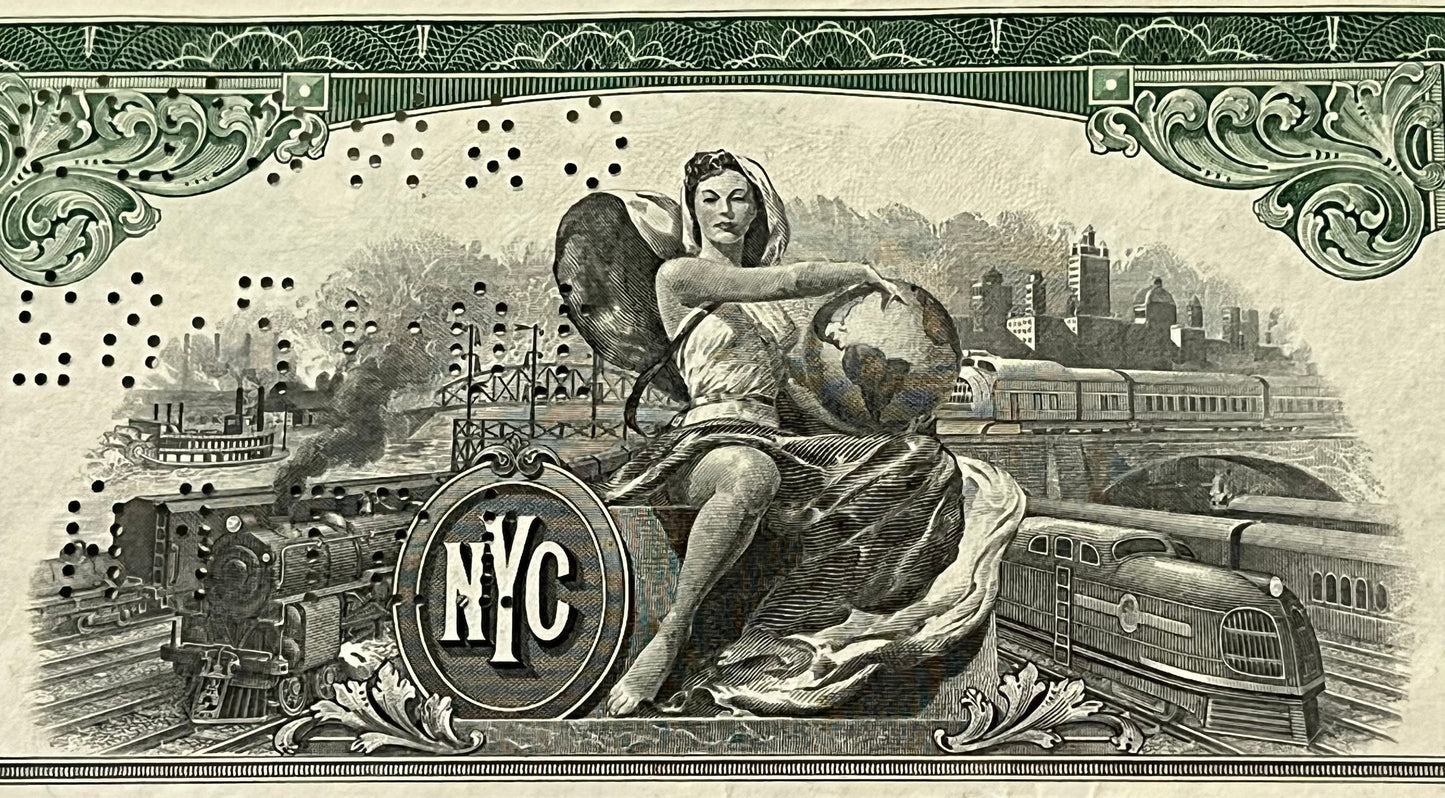 Ornate black and white engraved railroad bond certificate featuring NYC logo, allegorical female figure with globe, steam loc