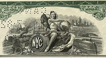 Ornate black and white engraved railroad bond certificate featuring NYC logo, allegorical female figure with globe, steam loc