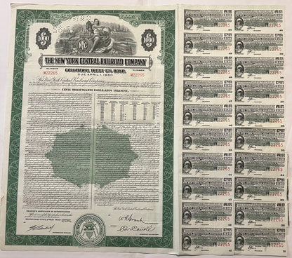 Vintage 1955 New York Central Railroad $1,000 bond certificate with green border and attached coupons, displayed flat showing