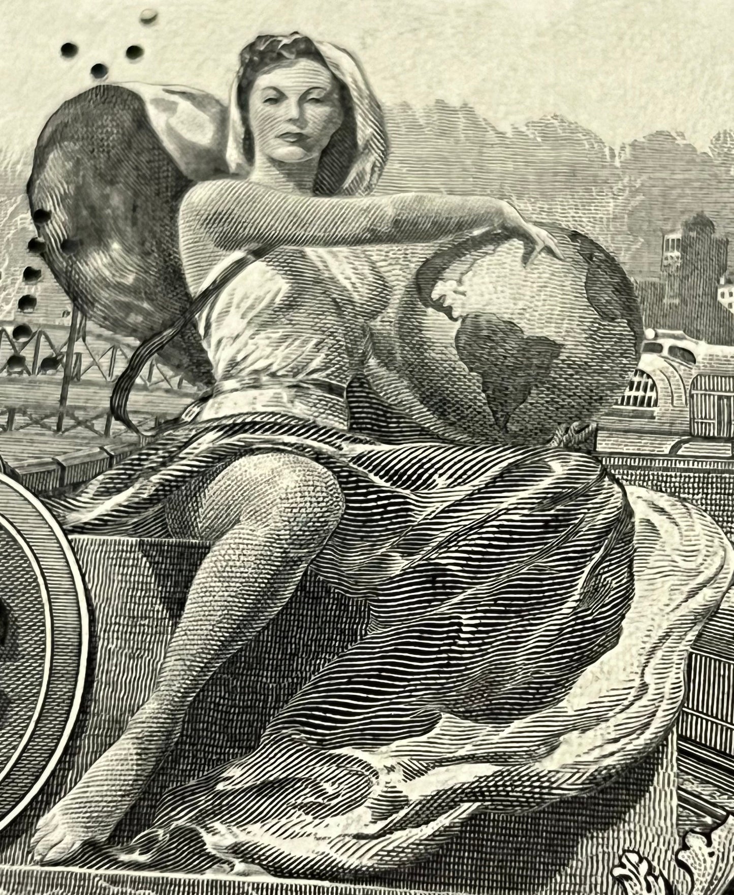 Black and white engraved vignette of a woman in flowing robes holding a globe, seated by industrial buildings and transportat